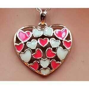 Gold Tone Heart With Red & White Enamel Hearts   On Chain